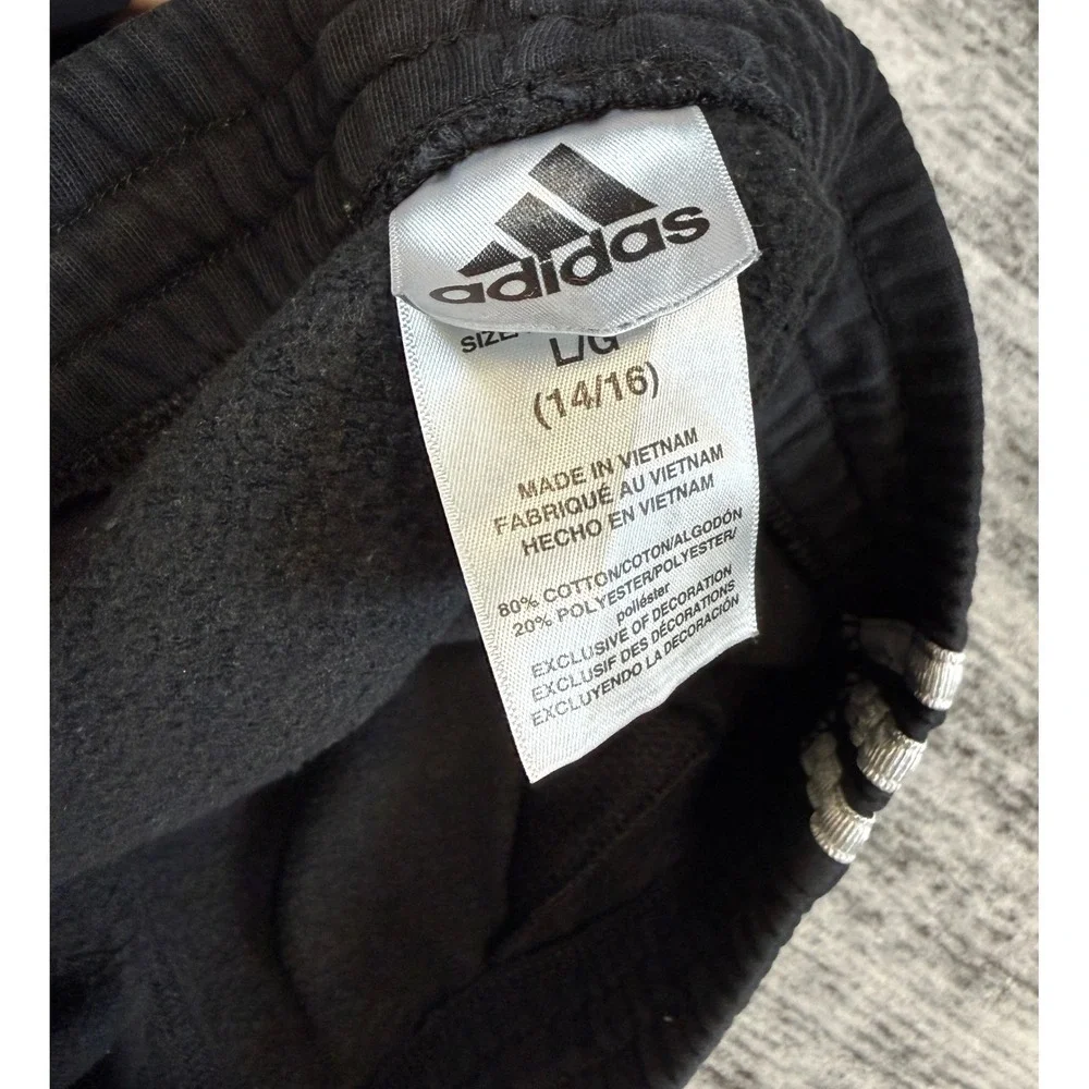 Adidas Boys Black White 3 Stripe Fleece Joggers Sweatpants Size Large‎ 14/16